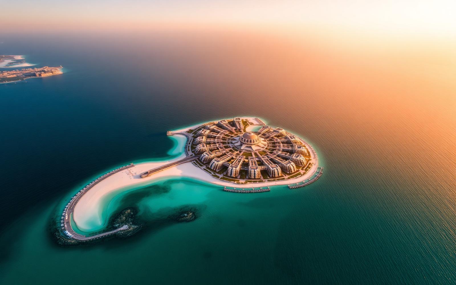 Aerial view of Palm Jumeirah fronds with beachfront villas in Dubai