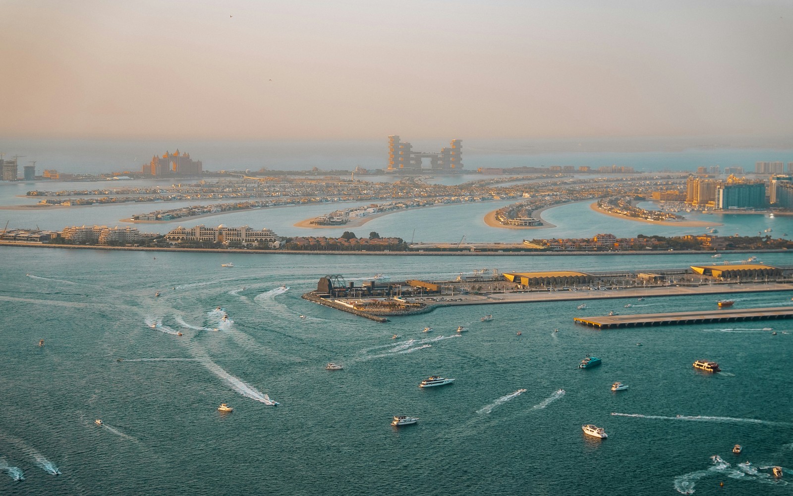 Aerial view of the full Palm Jumeirah island at sunset, Dubai