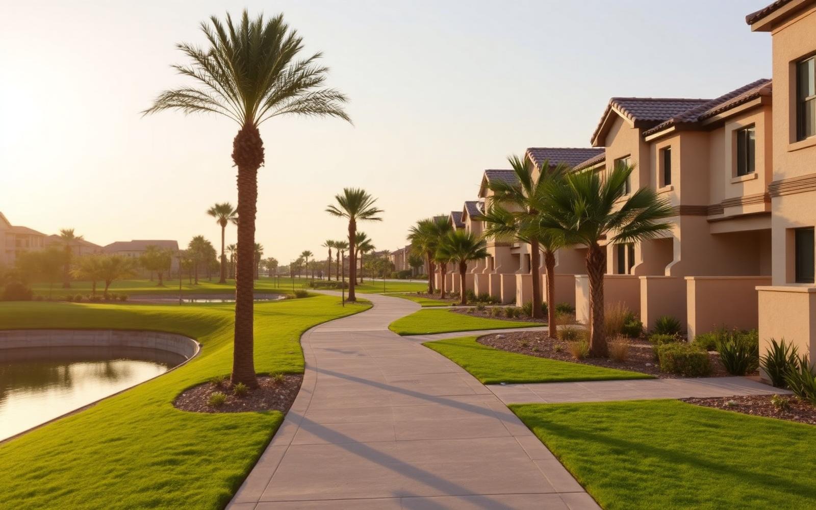 Townhouses lining a landscaped walkway in The Springs Dubai